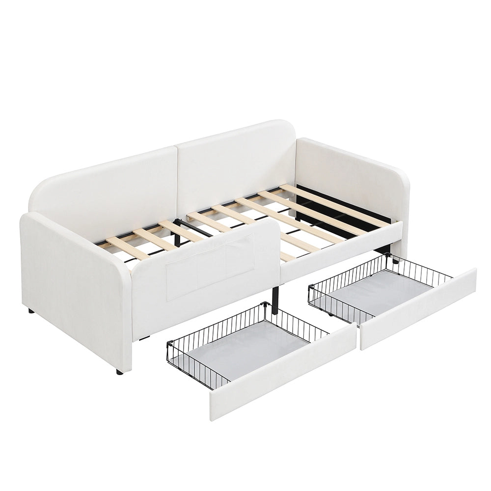 Letto bambino-Xylo-90x200 cm-3 sacchetti, 2 cassetti, velluto, MDF, bianco