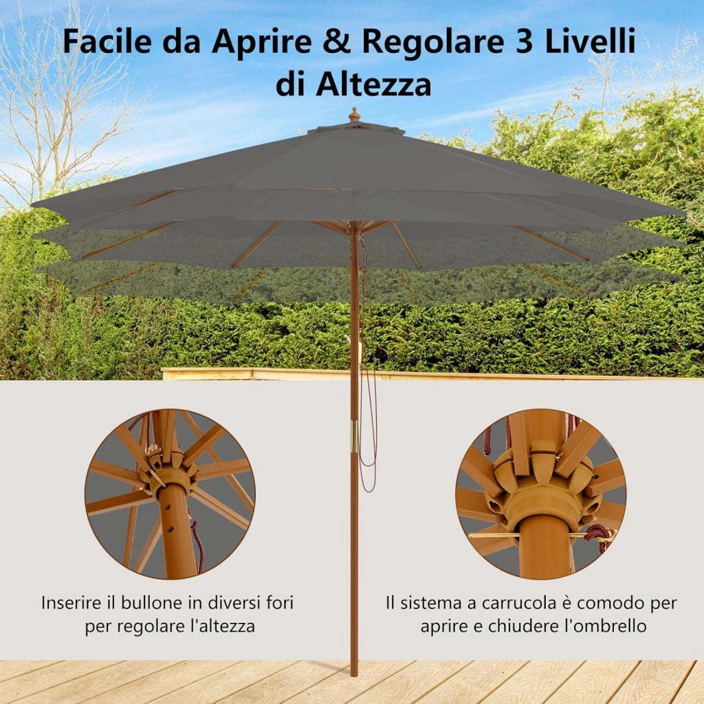 Ombrellone da Giardino 300 x 300 cm, Ombrellone Pieghevole con 8 Stecche di Bambù, 3 Altezze Regolabili, Ombrellone da Parasole Impermeabile, per Giardino Cortile Piscina (Grigio)