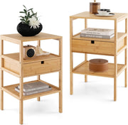 Set di 2 comodini in bambù, comodino con cassetto, 3 ripiani, comodino da letto, punta da divano, semplice e moderno, a 3 livelli, tavolino per soggiorno, camera da letto, 40 x 40 x 68 cm