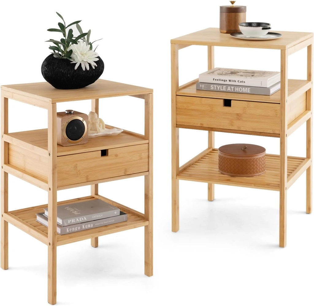 Set di 2 comodini in bambù, comodino con cassetto, 3 ripiani, comodino da letto, punta da divano, semplice e moderno, a 3 livelli, tavolino per soggiorno, camera da letto, 40 x 40 x 68 cm