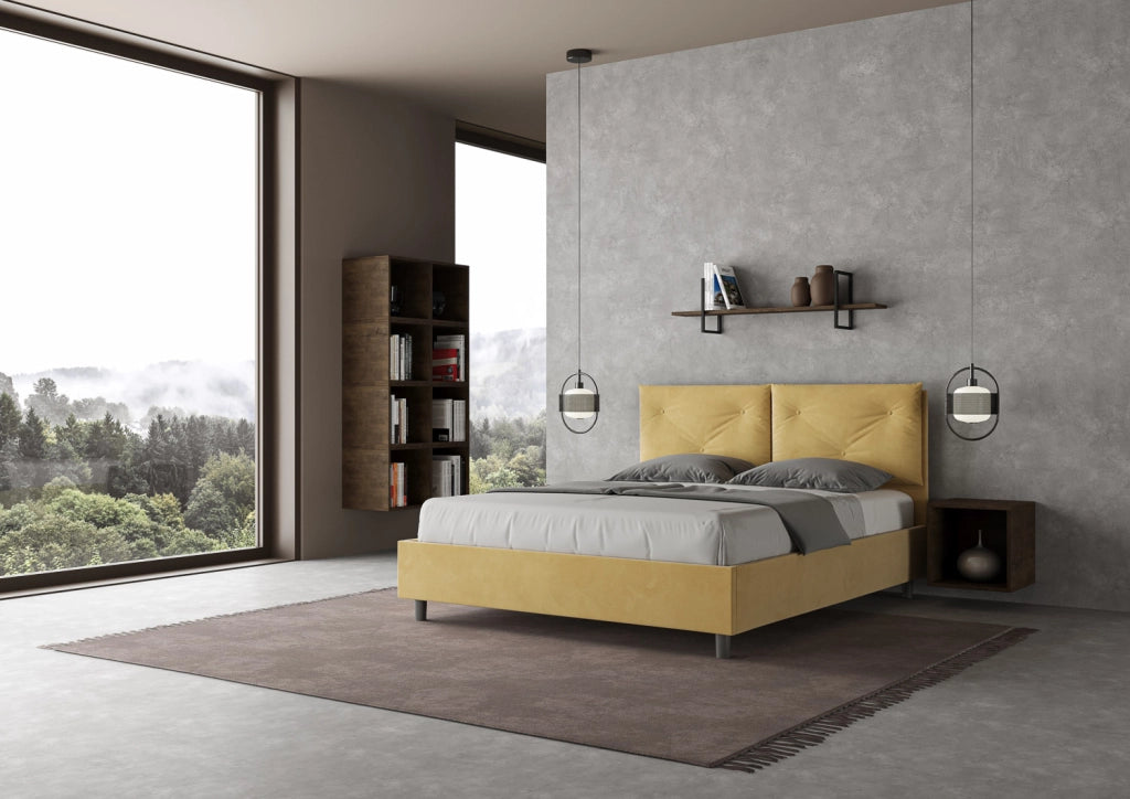 Letto Matrimoniale 160x190 cm con Rete e Contenitore Giroletto con Alzata Comoda Imbottito in Microfibra Appia Ocra