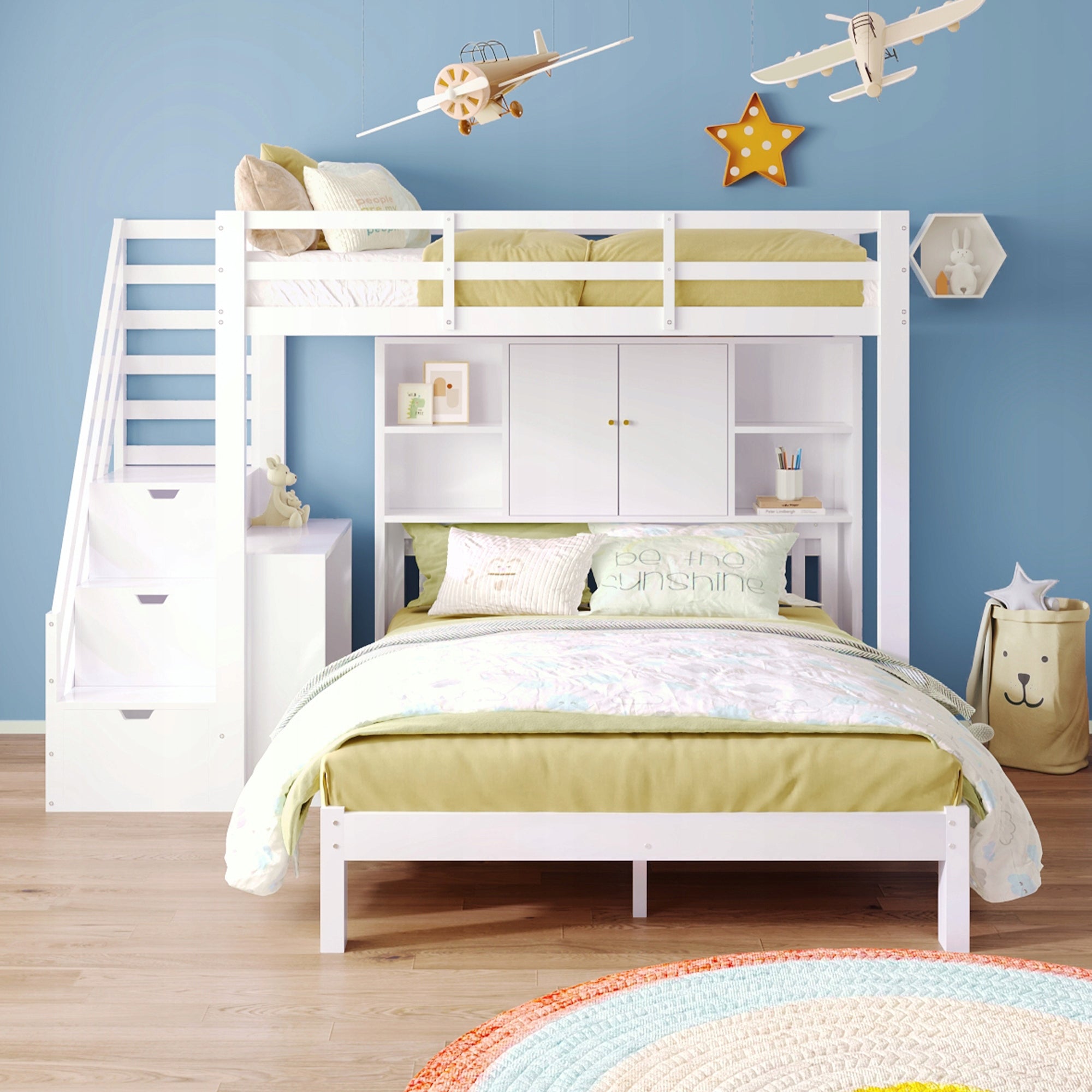 Letto a castello 90x200+140x200 - Xylo - Bianco con scaffale e ripostiglio