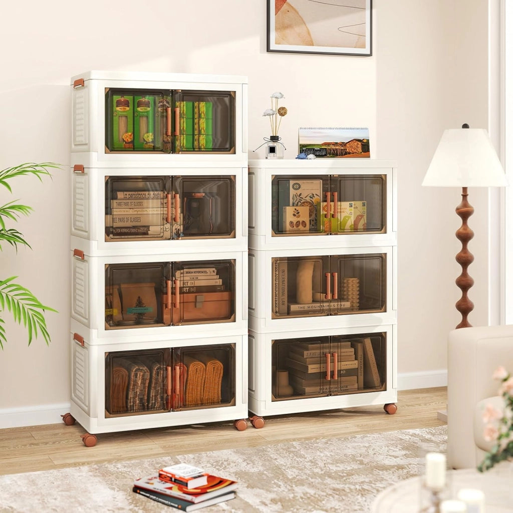 Contenitori Pieghevoli con Coperchio, Set da 4/3 Scatole di Plastica Impilabili con Ruote, per Organizzatore di Armadio con Porte a Apertura Frontale, Multiuso (62,5 x 34,5 x 130,5 cm)