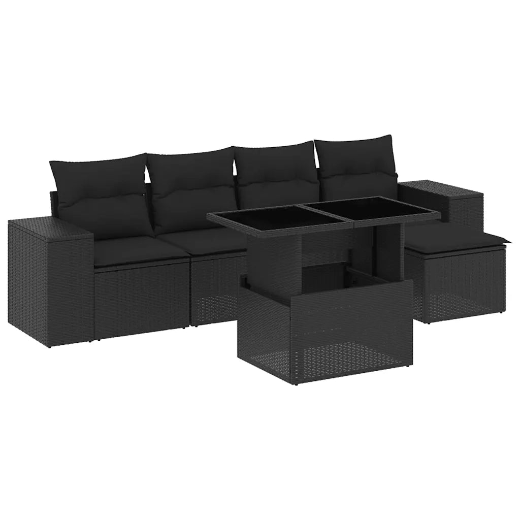 Set Divano da Giardino 6 pz con Cuscini Nero in Polyrattan