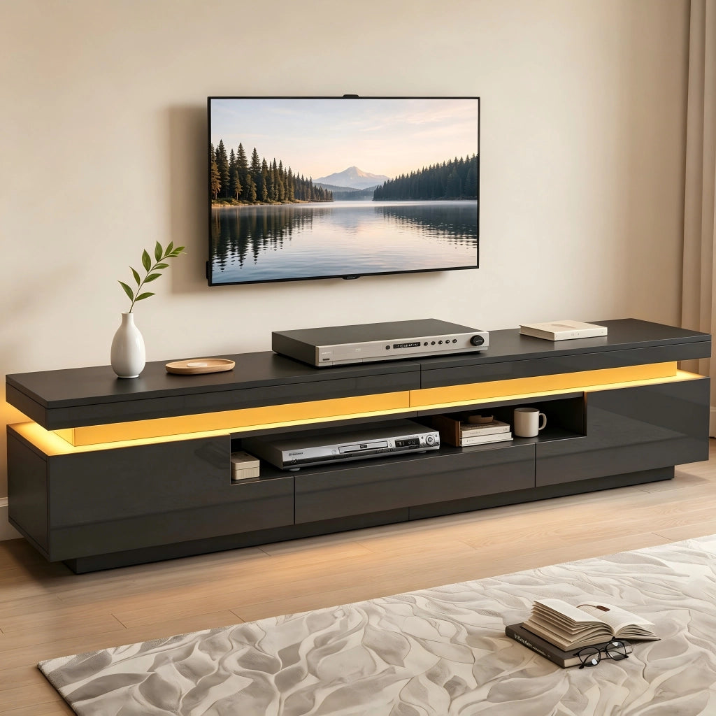 Mobile Porta TV 75 Pollici Nero Lucido 175 cm con LED e Cassetto