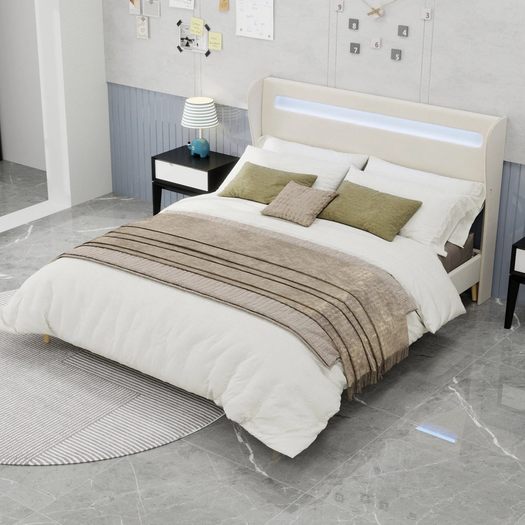 Letto Matrimoniale 160x200 cm con LED Regolabile e Schienale Regolabile in Tessuto Beige