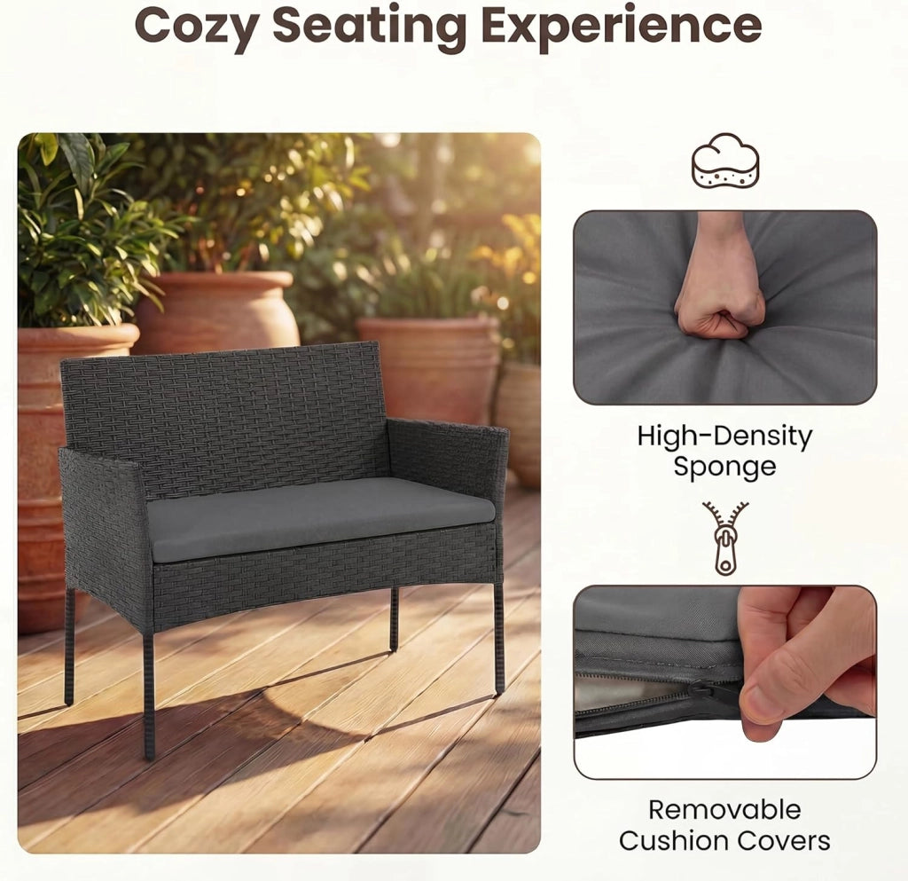 Salotto da Giardino Esterno 4 Pezzi, Set da Esterno in Rattan con Tavolino con Piano in Vetro, Divano 2 Posti e 2 Poltrone, Set da Conversazione con Cuscini per Patio, Balcone e Terrazzo (Grigio)