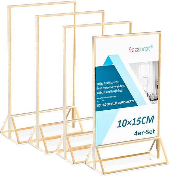 Etichette per Tavolo in Acrilico, Set da 4, per Tavolo 10x15 cm, con Sostegni per Carte in Oro, Porta Menu in Vetro, per Ristoranti, Negozio, Cartellone per Documenti, Cornice per Foto