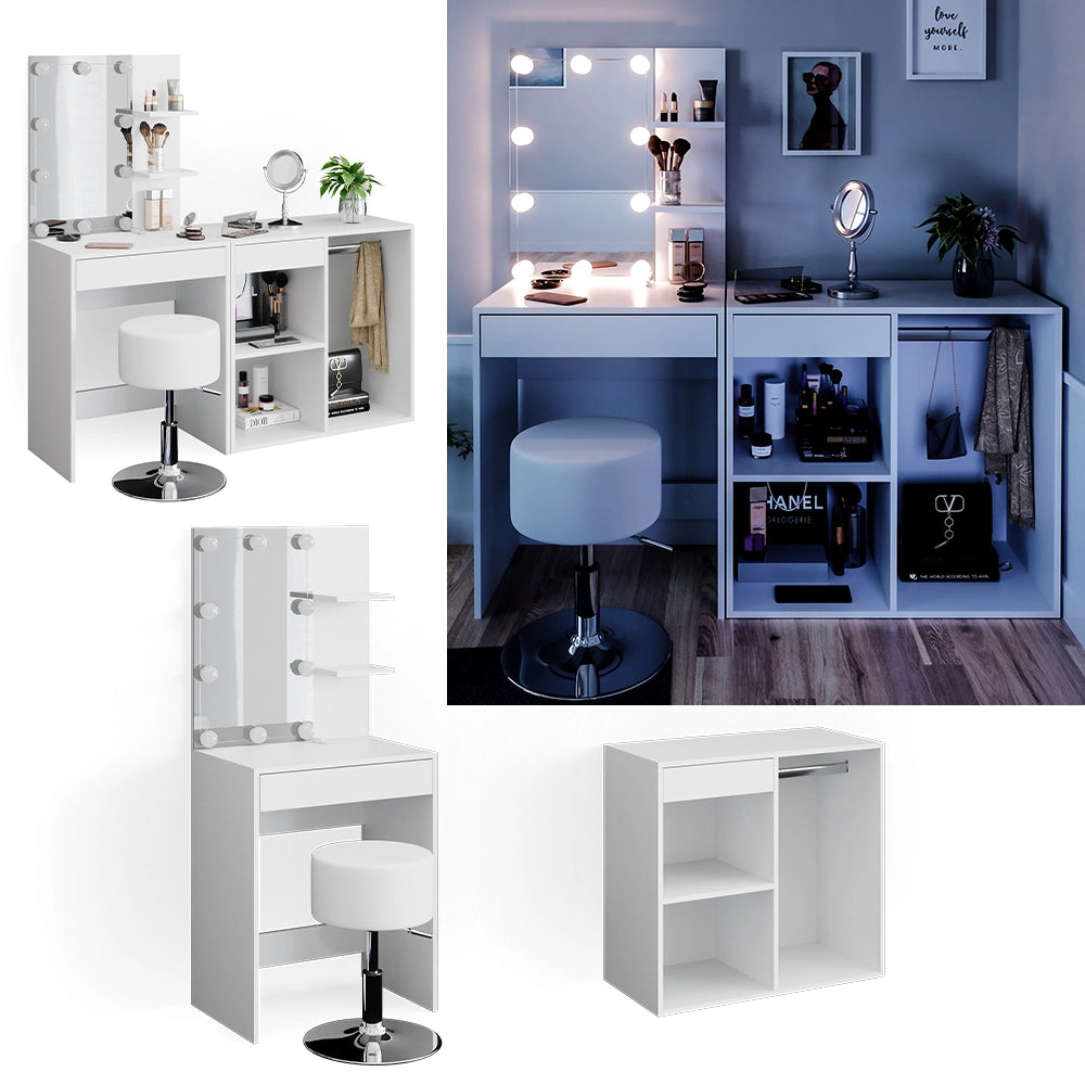 Vicco Tavolo da toeletta Bianco 140 cm con LED, sgabello e armadio