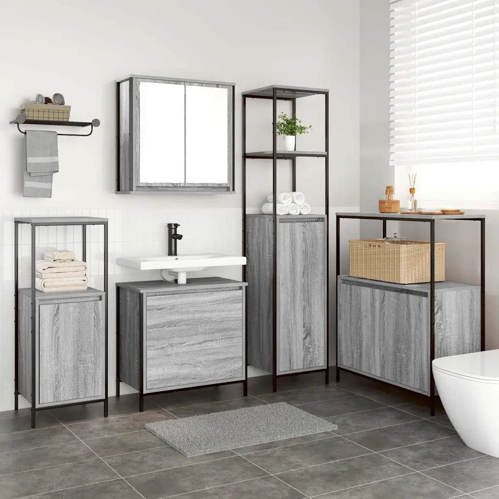 Set di mobili per il Bagno | Armadio da bagno 5 pz Grigio Legno multistrato