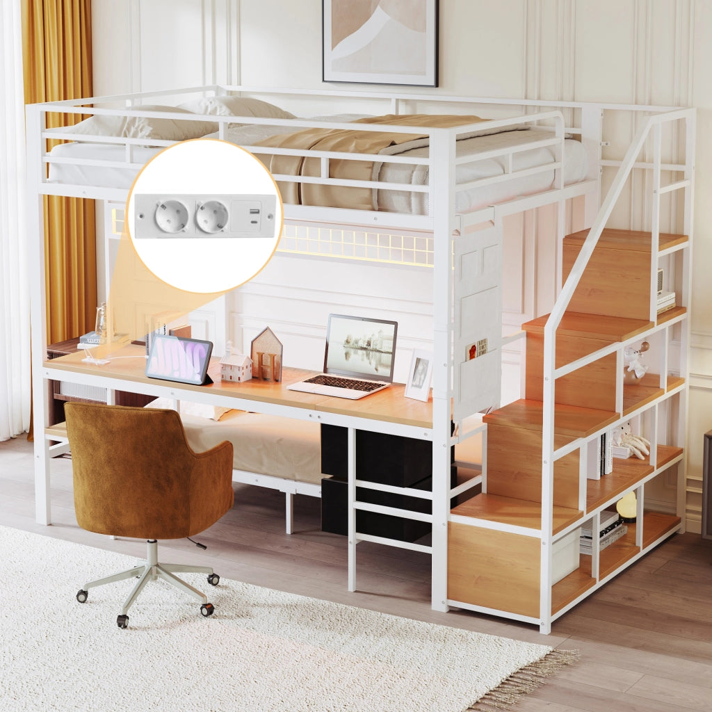 OKWISH Letto a Soppalco 140×200 cm e 90×200 cm, Letto 3 Posti con Scrivania, LED, Prese, Contenitori e Cassetti in Tessuto, senza Materasso, Bianco