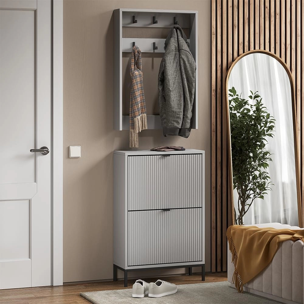 Armadio da ingresso Eliza, Grigio, 60 x 92 cm Set, 2 parti, per montaggio a parete con mensola e ganci appendiabiti