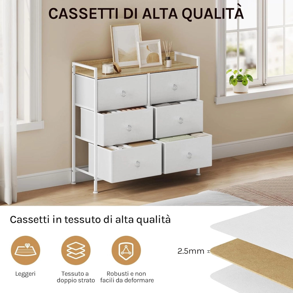 Cassettiera per Camera da Letto con 6 Cassetti, Tessuto, Mobile per Corridoio/Soggiorno con Ripiano Aperto, Struttura in Acciaio, Bianco, SSK010ws