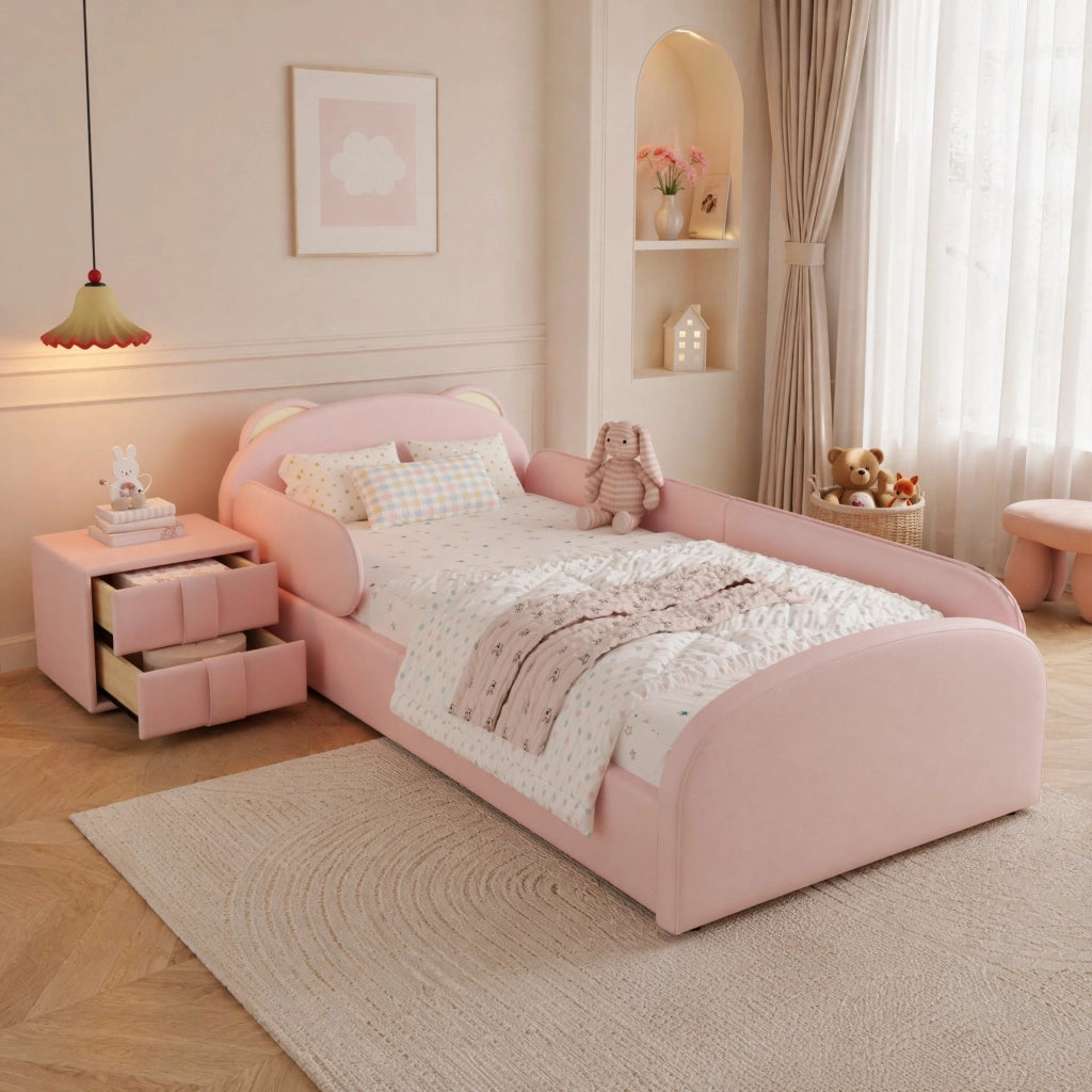 Letto per bambini 90 × 200 cm con testiera a forma di orso, comodino con 2 cassetti, senza materasso, rosa