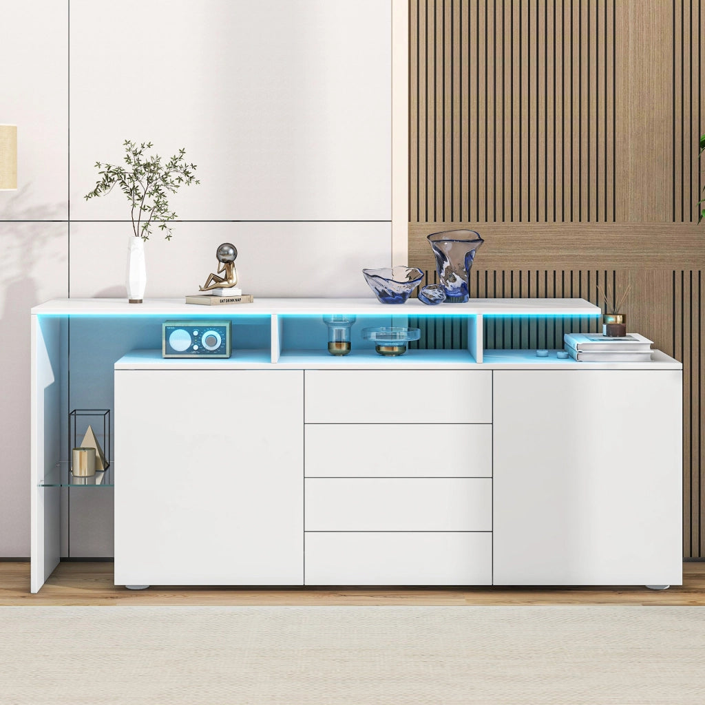 OKWISH Credenza con 2 Ante 4 Cassetti 2 Vani Aperti e LED per Soggiorno Sala da Pranzo, Bianco, 160 x 35 x 70 cm