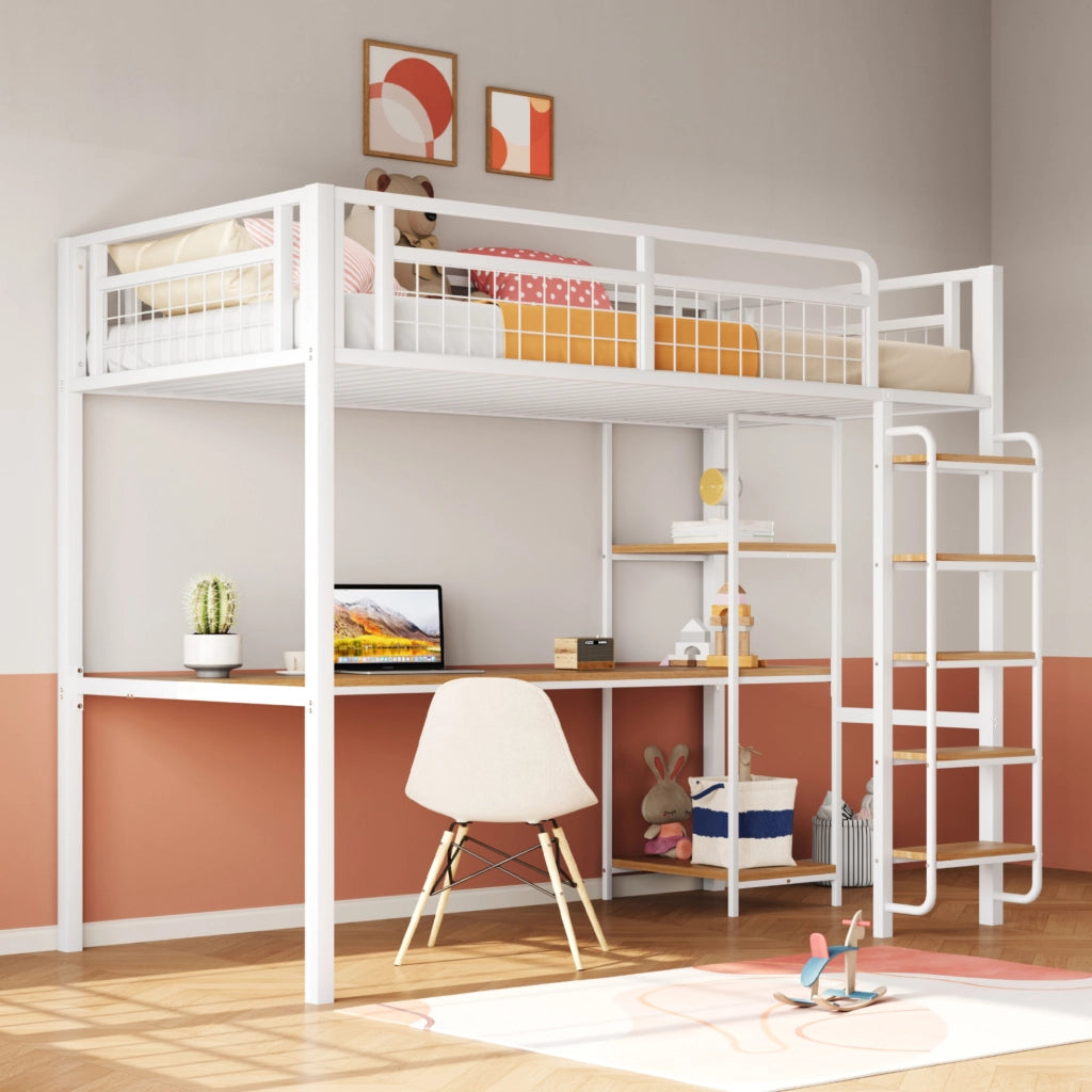 Letto a castello singolo bianco con funzione scrivania e scaffali in metallo 90x200 cm
