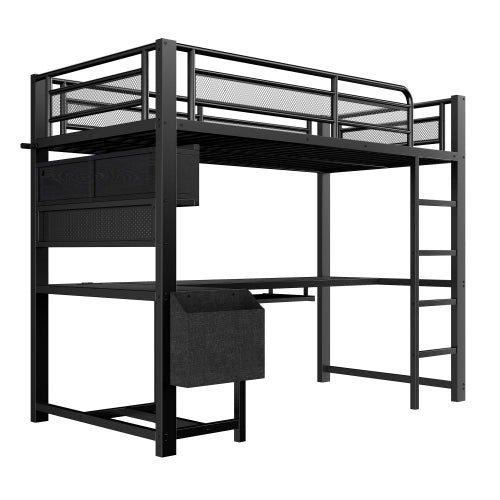 Letto a soppalco con scrivania 90x200 cm LEMONMAX, LED 7 colori, 2 prese e 2 USB, mensole, struttura in metallo, nero