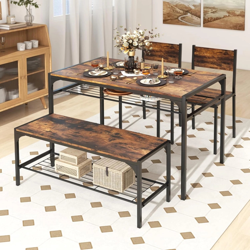 Set di tavolo da pranzo per 4, tavolo rettangolare con 2 sedie, 1 panchina, mensole, telaio in metallo resistente, set da pranzo da 4 pezzi, sala da pranzo, cucina (marrone rustico)