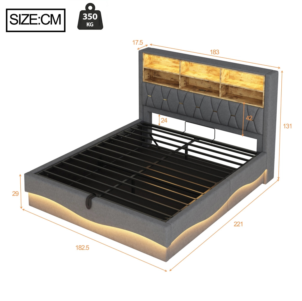 Letto contenitore 180x200 cm in lino grigio con LED APP, USB e sollevamento idraulico