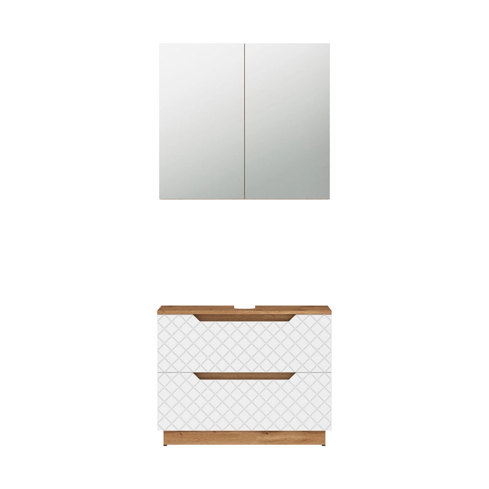 Vicco Set di mobili da bagno Rovere/bianco con struttura in piastrelle 2 parti