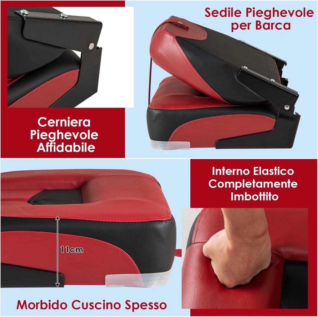 Set di 2 Sedie da Barca, Sedie per Barca Con Schienale Basso, Sedia Pieghevole, con Schiuma Spessa, Cinghia di Fissaggio, 50 x 42 x 52 cm (Rosso)
