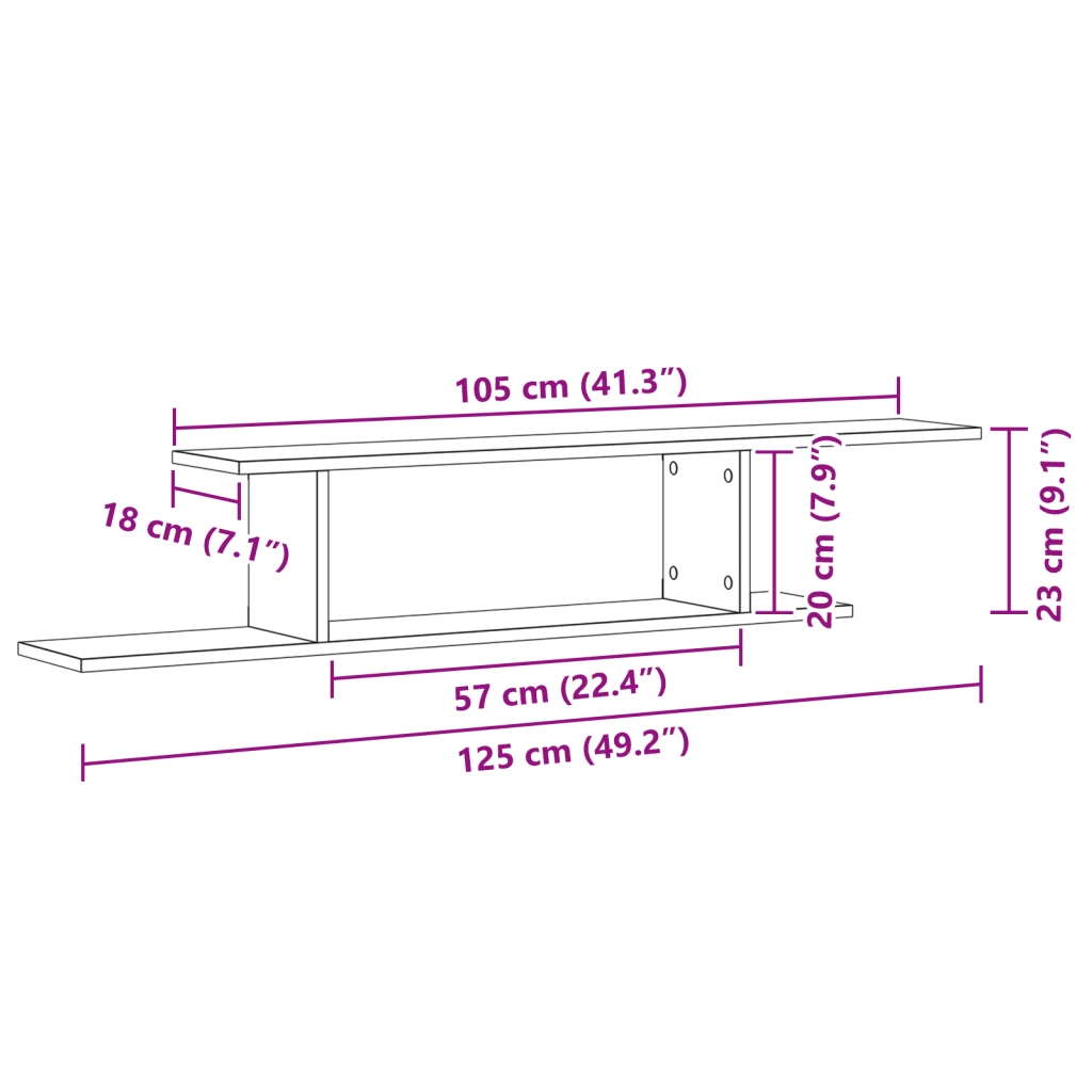 Mensola TV da parete  nera in rovere 125x18x23 cm in legno ingegnerizzato