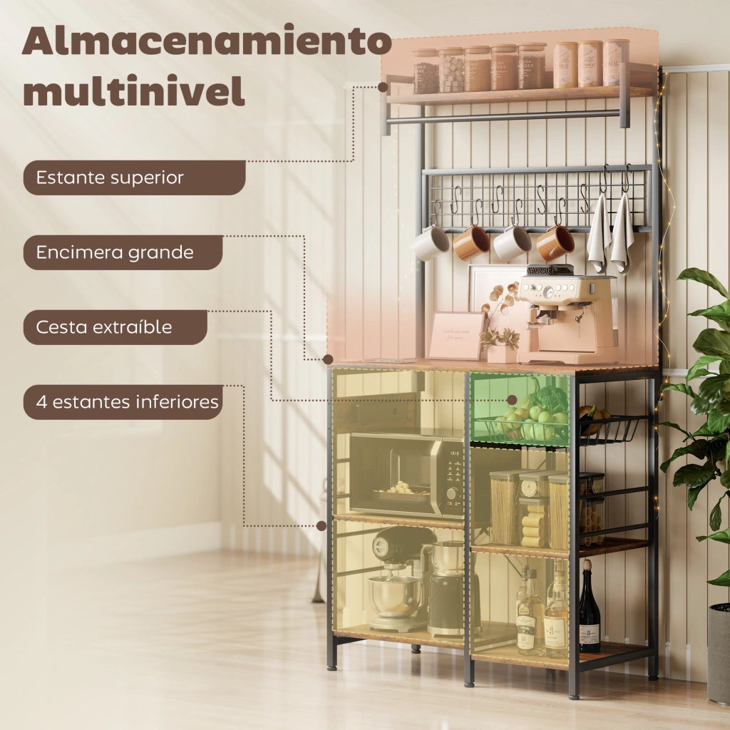 Scaffale da Cucina con 3 Prese e Luci LED ¨C Xylo ¨C Stile Industriale Marrone Rustico 80x42x162cm