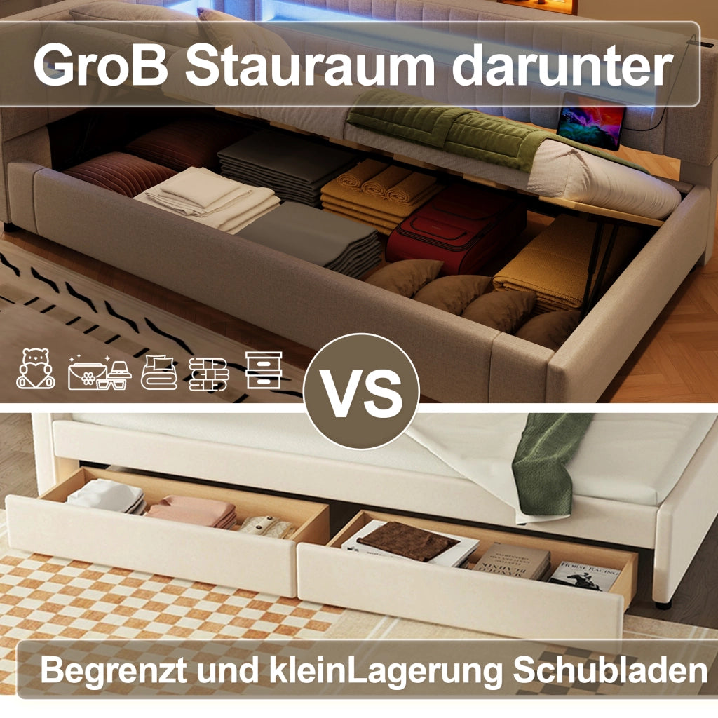 OKWISH Letto Divano 90×200 cm, Letto Singolo con Contenitore Idraulico, LED Regolabile e USB e Tipo C, senza Materasso, in Lino, Beige