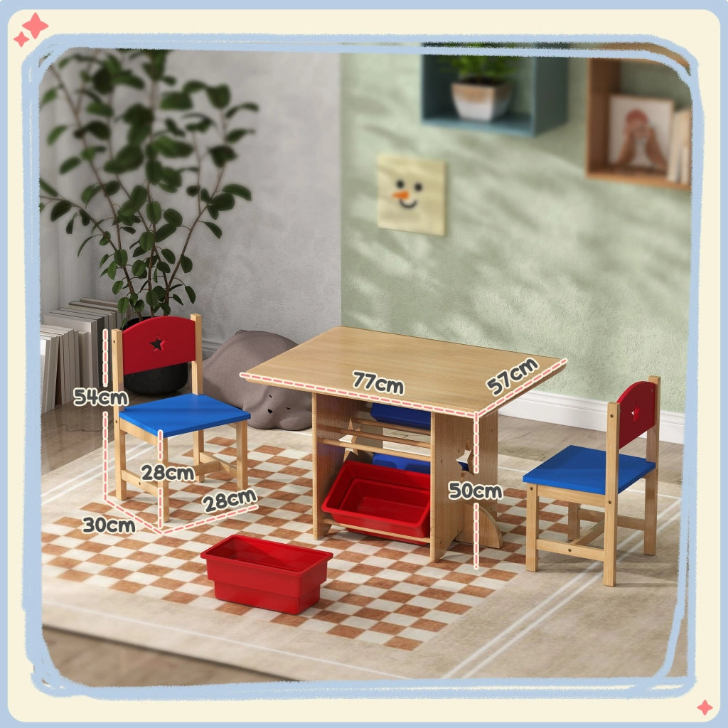 Set Tavolo e Sedie per Bambini con 4 Contenitori per Giochi in Legno e PP