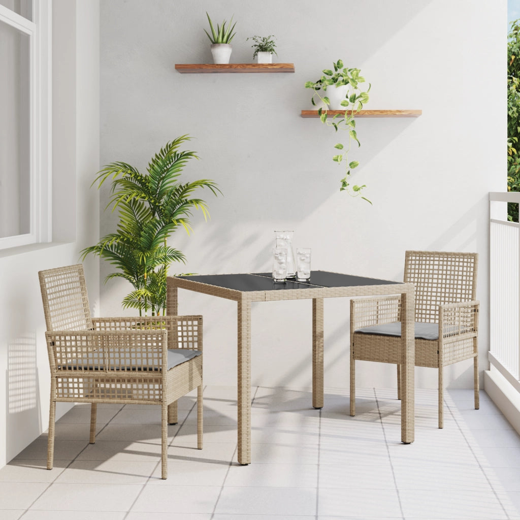 Set da Pranzo da Giardino a 3 Pezzi con Cuscini Beige in Polyrattan