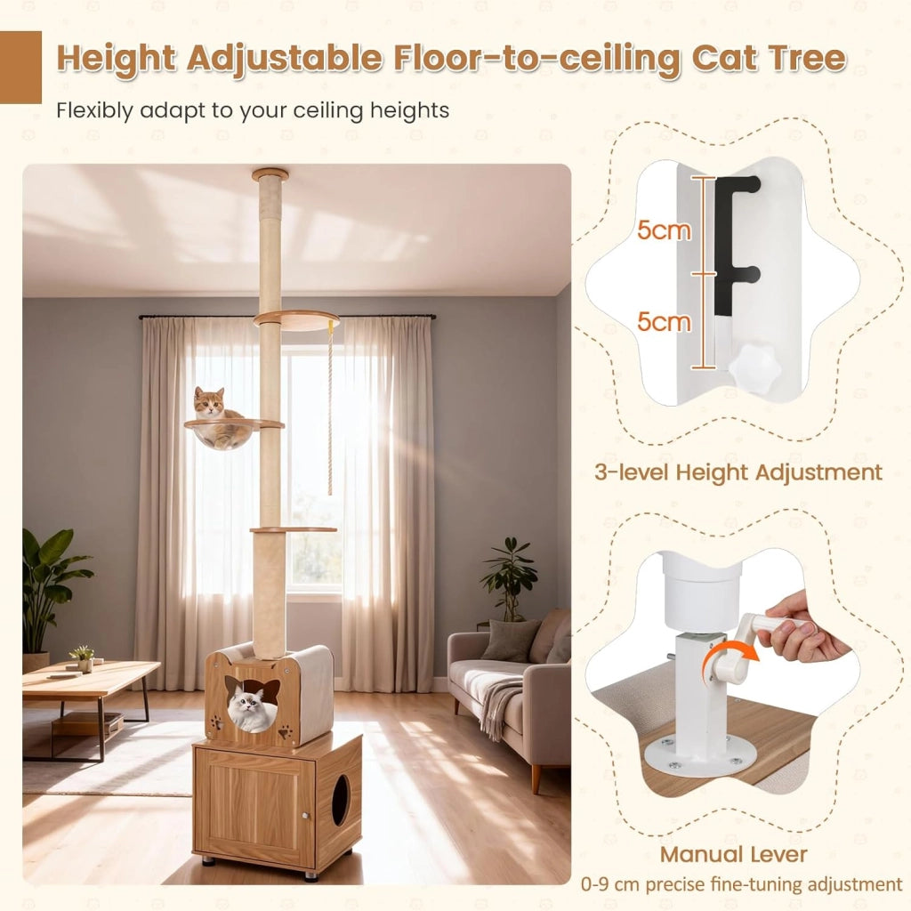 Tiragraffi alto a soffitto, altezza 256 – 275 cm, con armadietto per gatti, grotta, capsula stanza, colonna tiragraffi e corda in sisal, tenditore regolabile in altezza, albero da arrampicata