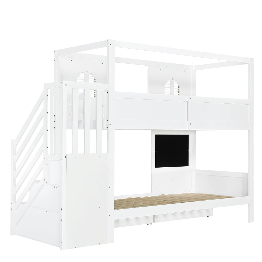 Letto a castello 90x200 cm, letto per bambini, 5 ganci in legno, 2 cassetti, spazio contenitivo, bianco + verde
