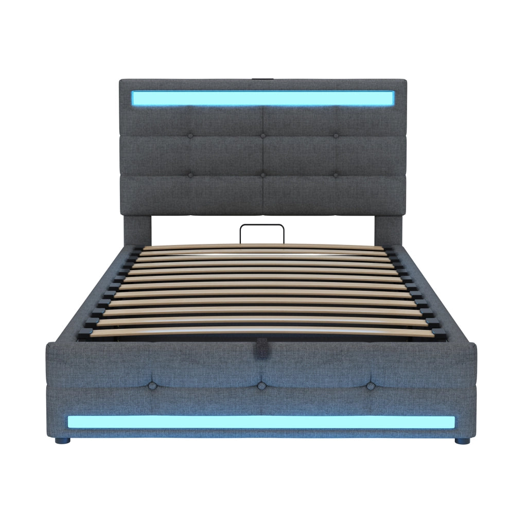 Letto imbottito ULEVR 90x200 cm con LED RGB, 2 porte USB e testiera regolabile, tessuto grigio
