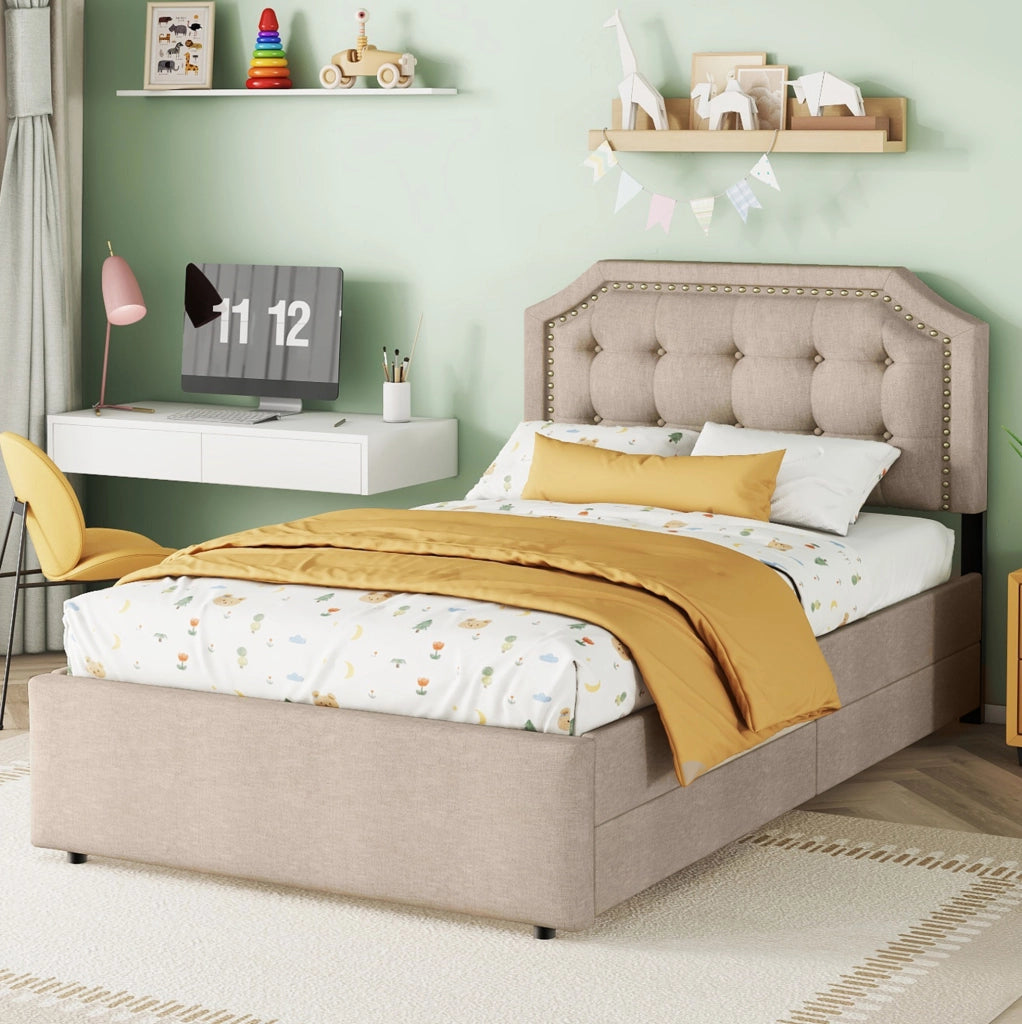 Letto imbottito 90x200 cm con cassetti; testiera regolabile; MDF; beige