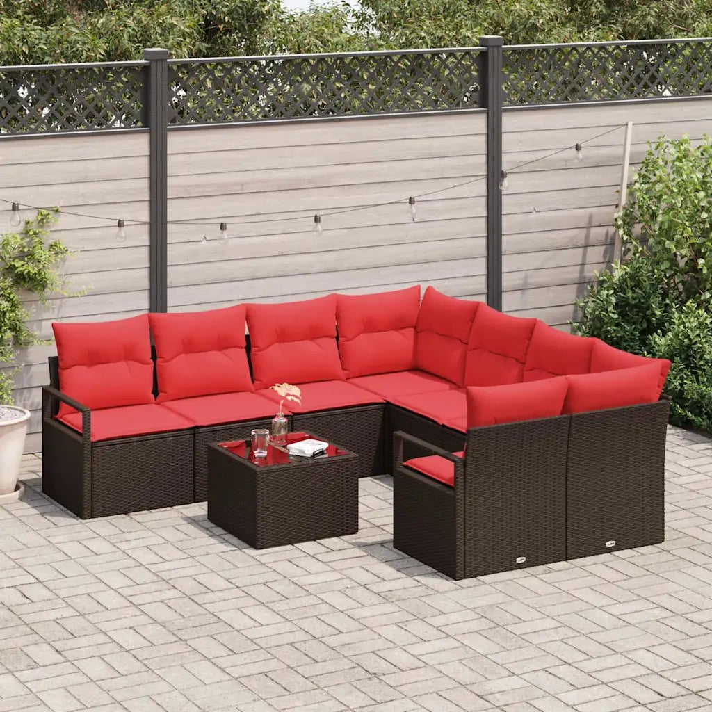 Set di divani con cuscino 9 pcs Marrone e Rosso polyrattan