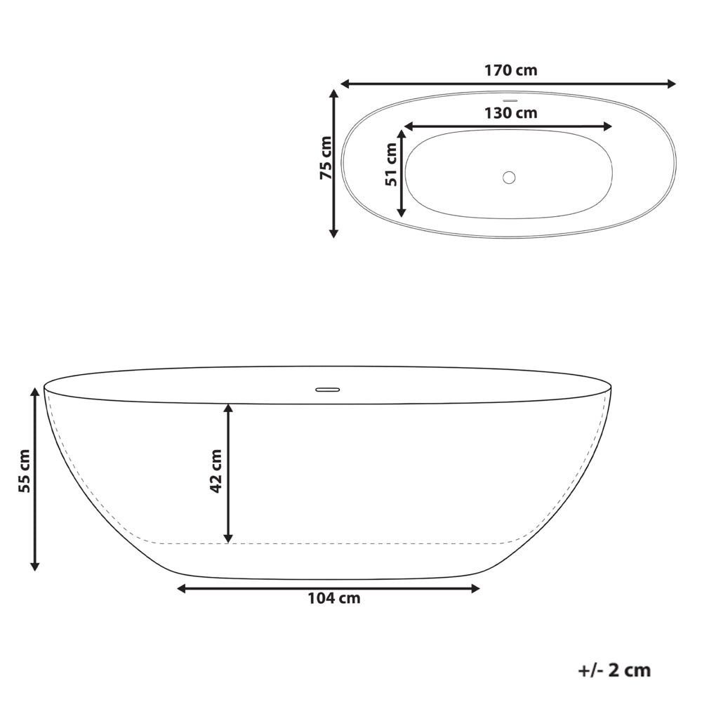 Vasca da bagno freestanding ovale con superficie solida e bordo sottile 170 cm bianca