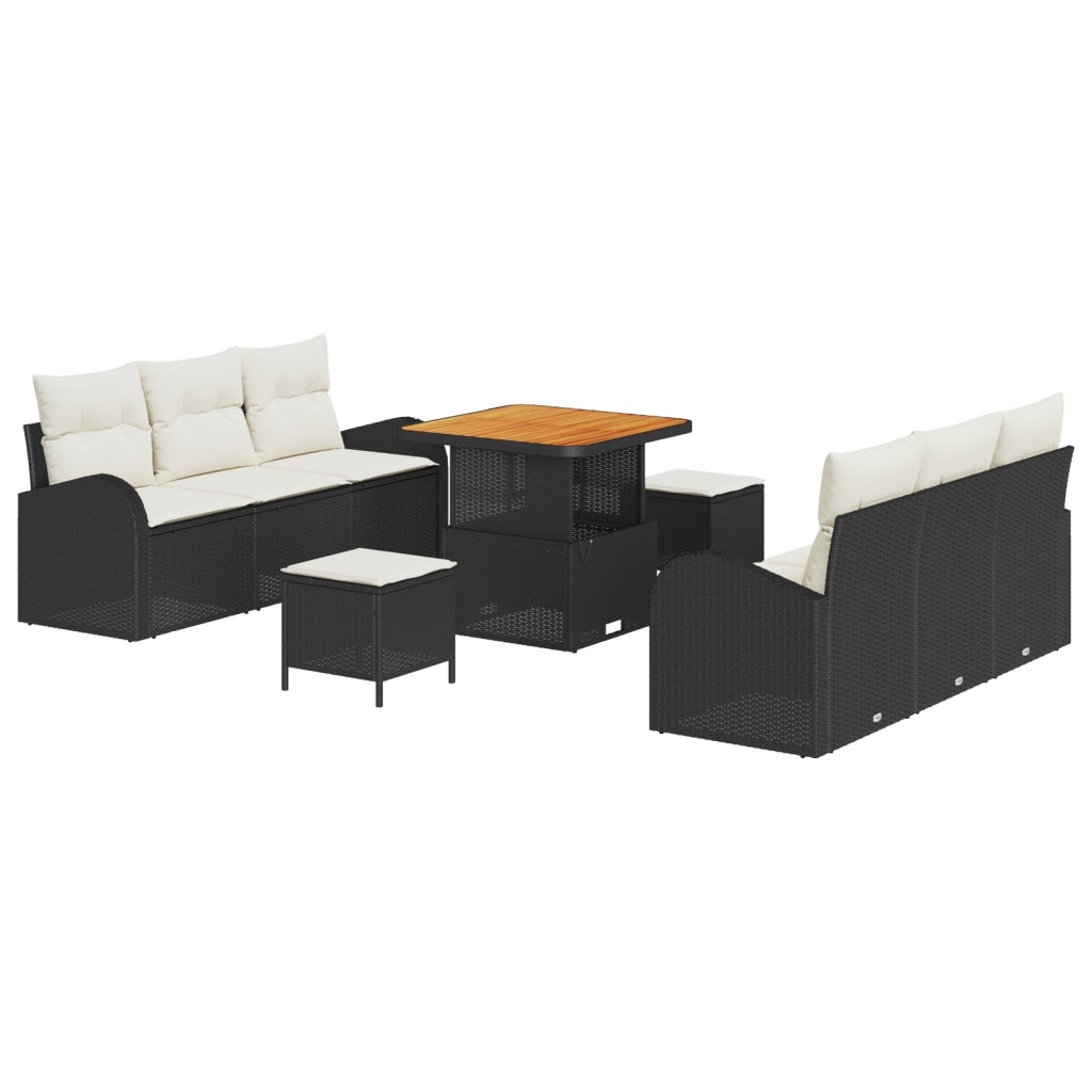 Set di divani da giardino 9 pezzi con cuscini neri polyrattan acacia