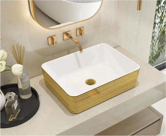 Gocce di luce con strisce dorate 375 x 135 cm vasca da bagno rettangolare - lavabo artistico in ceramica per bagno - armadio da vanità - lavabo da cucina superiore