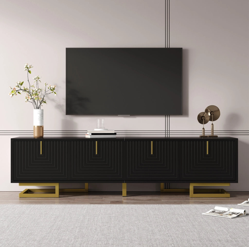 Mobile TV 160 cm nero con 4 ante, ripiani e gambe dorate regolabili