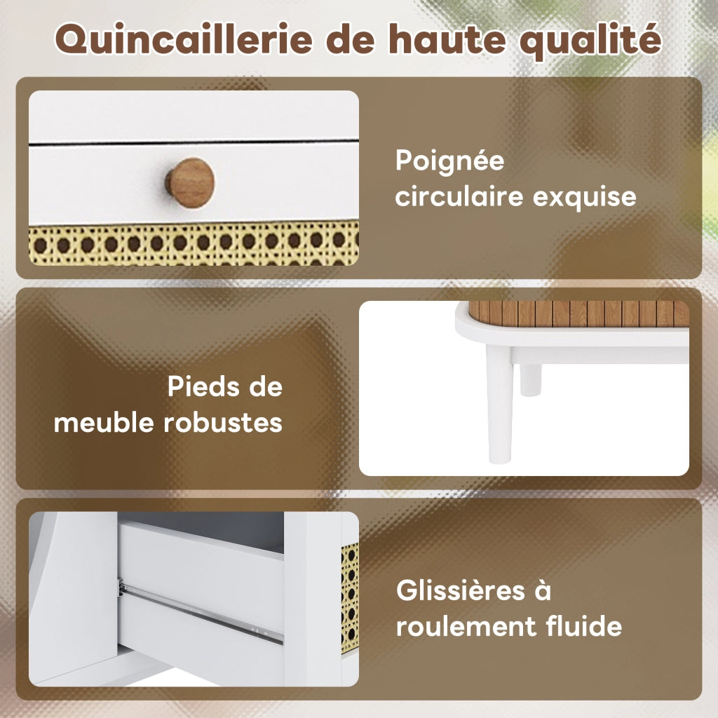 Credenza con 2 Ante 3 Cassetti in Rattan e Ripiani Regolabili per Soggiorno in MDF 140;5 x 40 x 76 cm Bianca