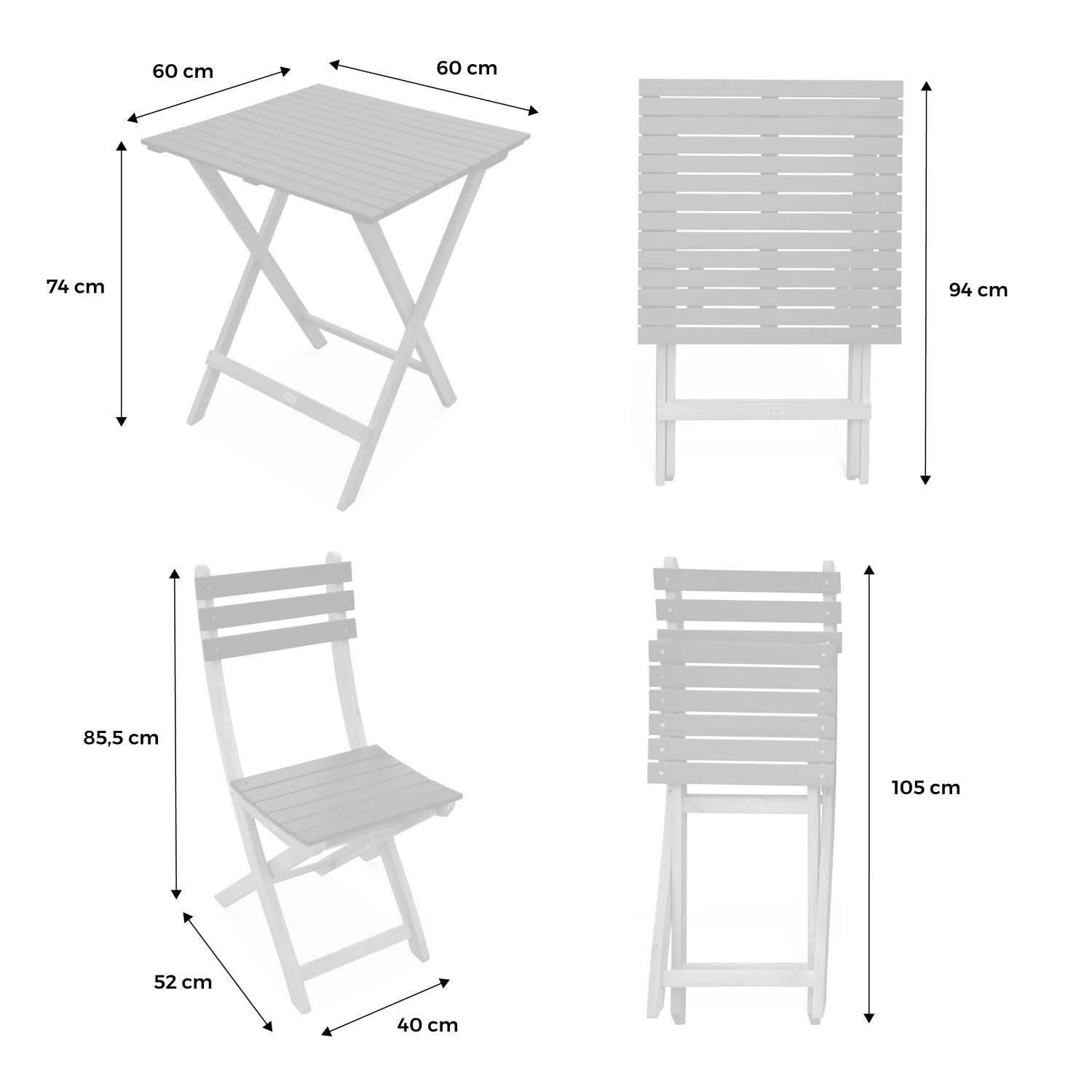 Tavolo da giardino in legno di acacia, 2 sedie pieghevoli, verde
