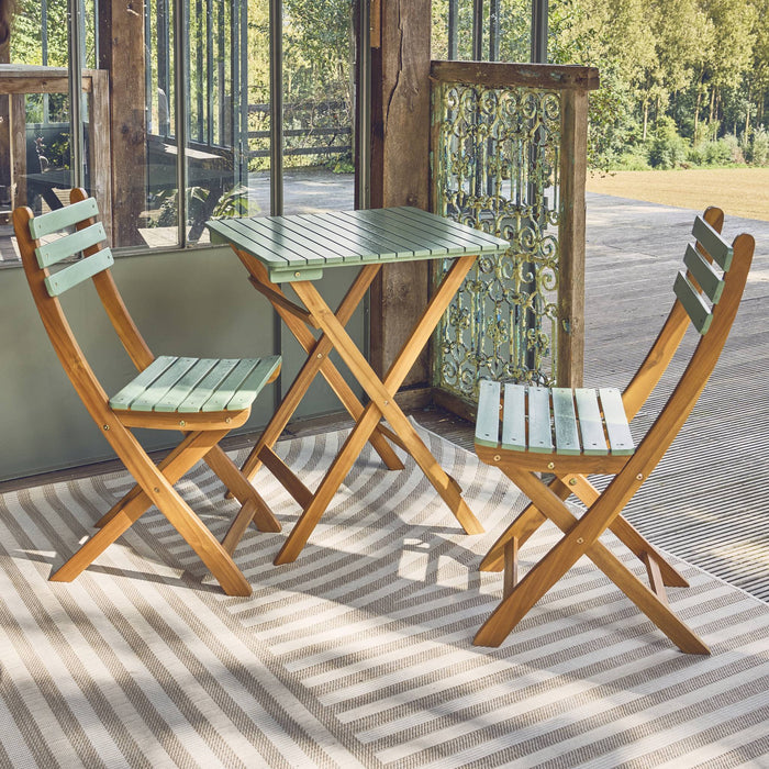 Tavolo da giardino in legno di acacia, 2 sedie pieghevoli, verde