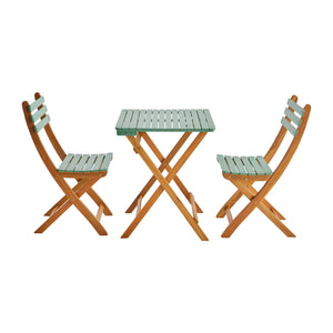 Tavolo da giardino in legno di acacia, 2 sedie pieghevoli, verde