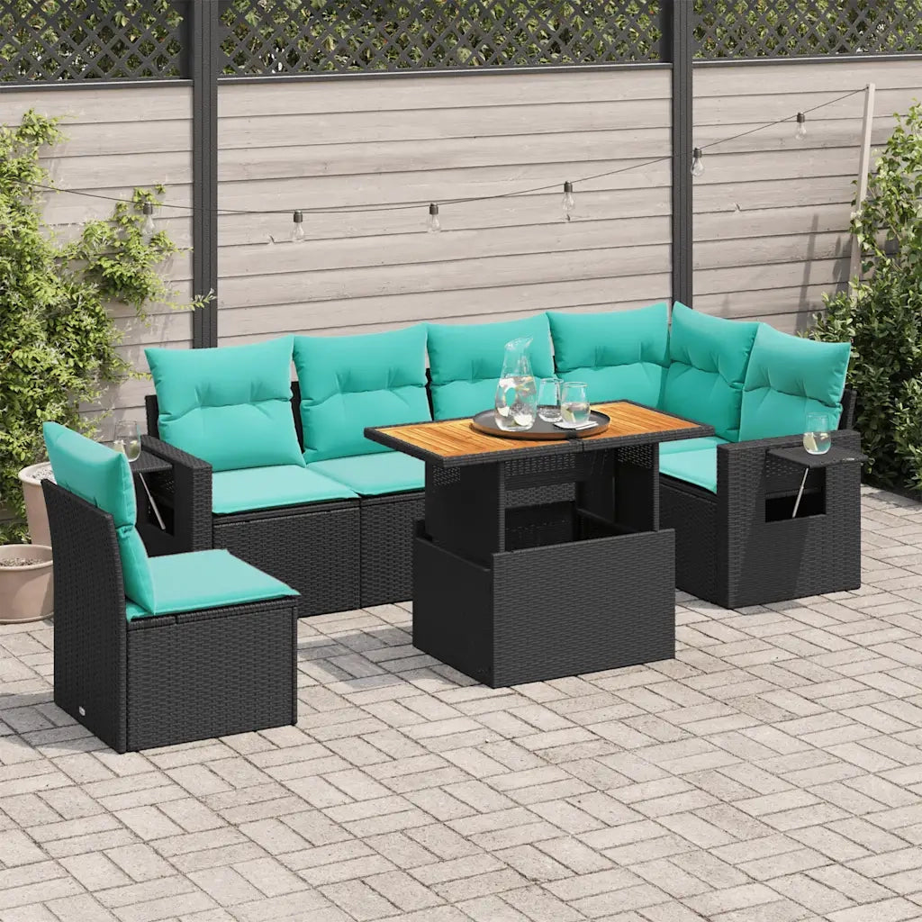 Set Divani da Giardino con Cuscini 7pz Nero Polyrattan