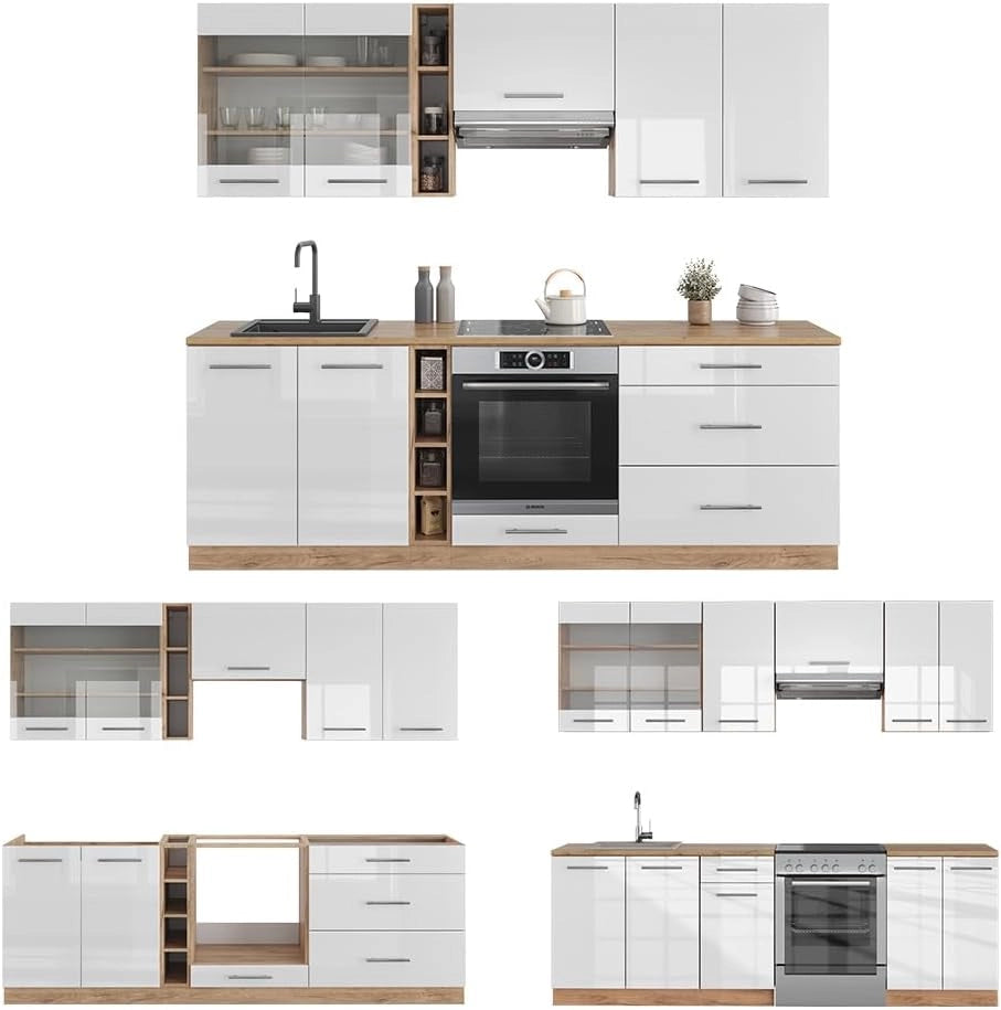 Cucina componibile Fame-Line, Bianco lucido/oro power oak, 235 cm senza piano di lavoro, per l'espansione personalizzata con moduli compatibili