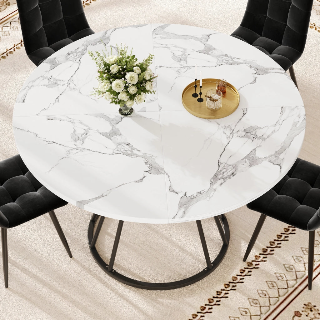Tavolo da pranzo rotondo con piano in MDF effetto marmo struttura in metallo con ripiano per cucina e soggiorno 100 × 100 × 76 cm