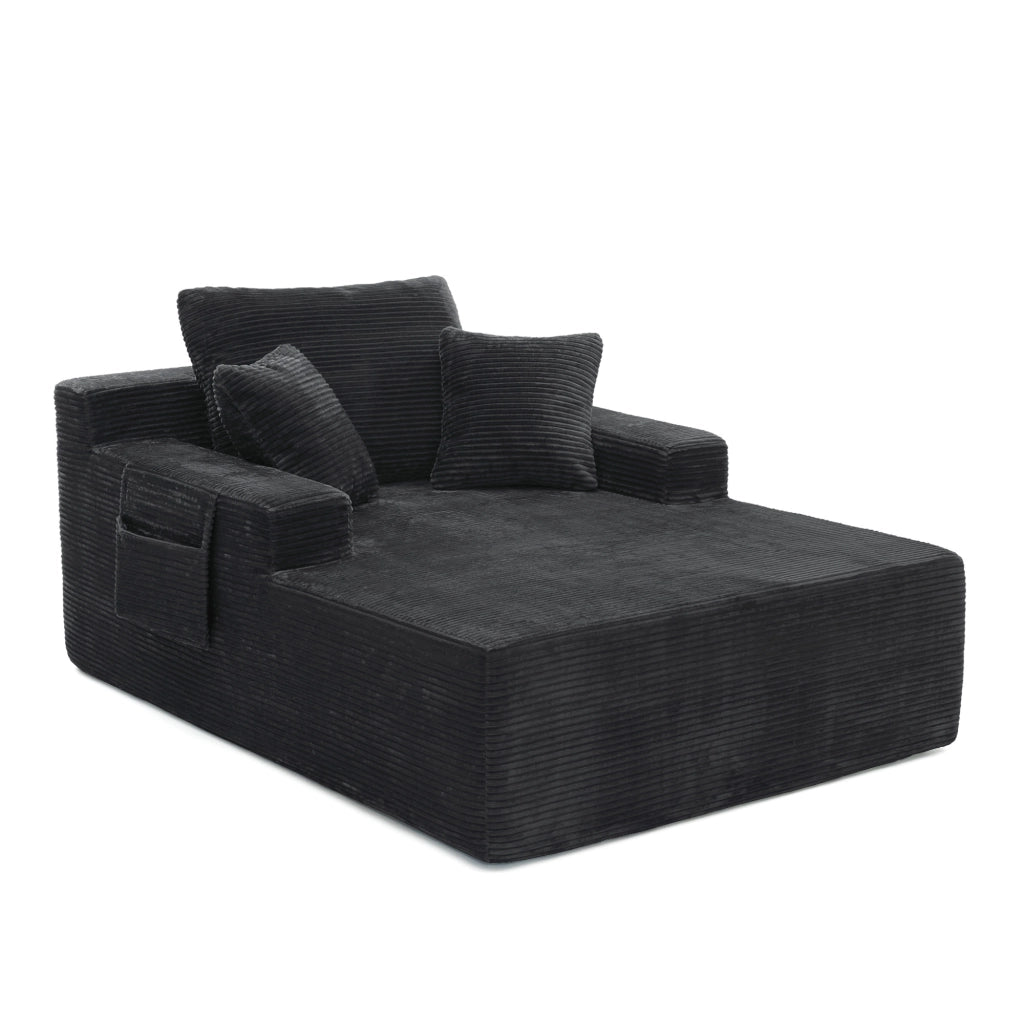 Divano in corduroy nero con tasche laterali, cuscini inclusi e imbottitura in schiuma ad alta densità
