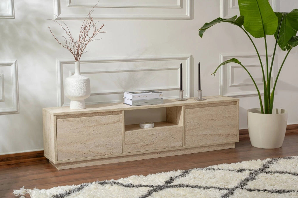 Mobile porta TV Morrigan, Credenza da soggiorno, Armadio basso per TV, Base parete attrezzata, 160x30 h42 cm, Beige