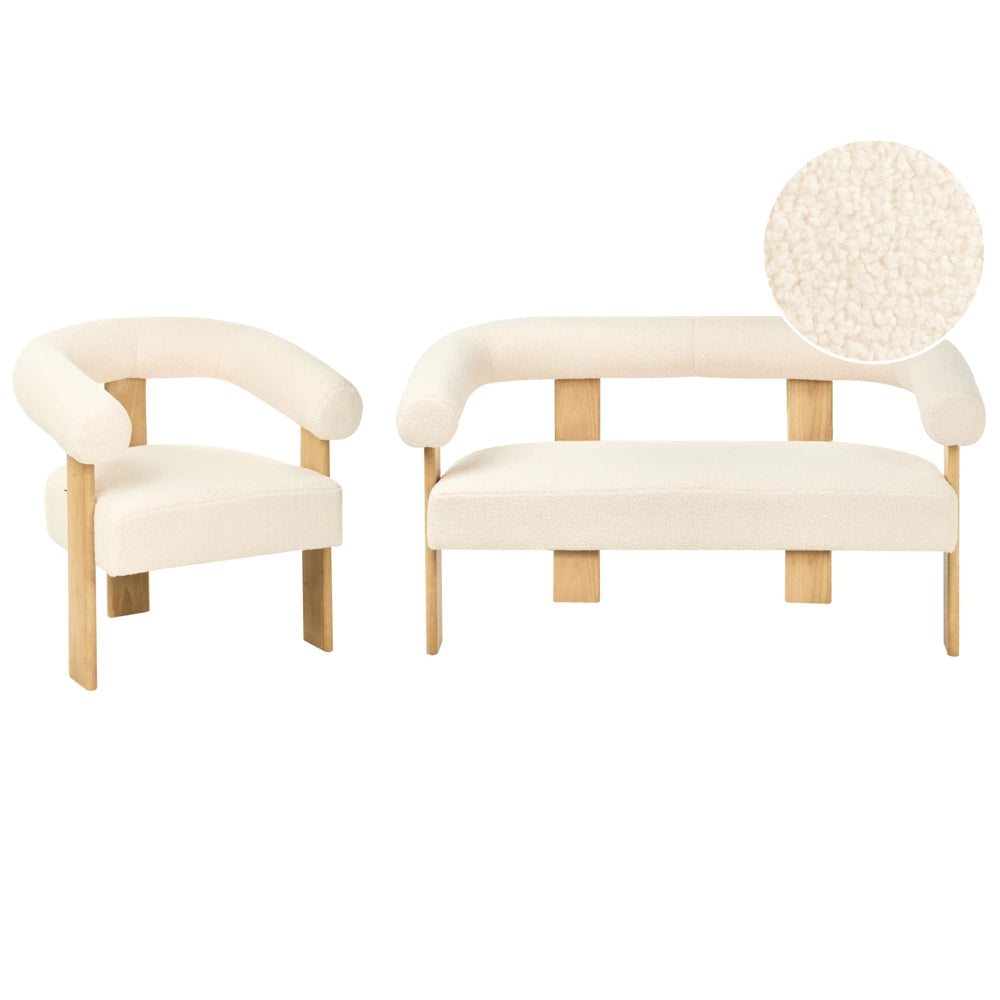 Set da salotto divano a 2 posti poltrona imbottita bouclé bianco sporco e marrone chiaro stile retrò soggiorno