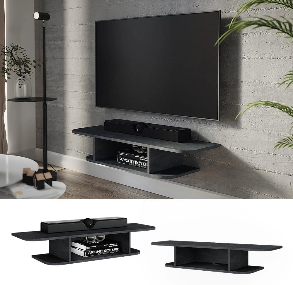 Mobile tv Lorio, Calcestruzzo nero, 105 x 18.2 cm con scomparti aperti, per la conservazione di dispositivi multimediali e accessori